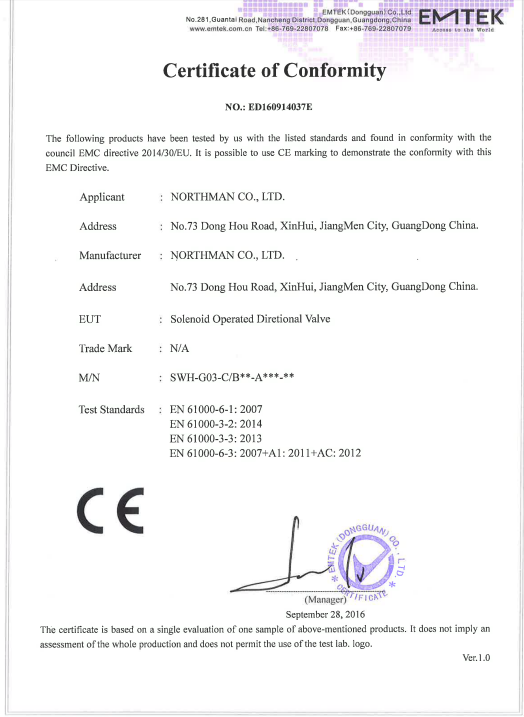 SWH-G03-AC电磁换向阀CE证书