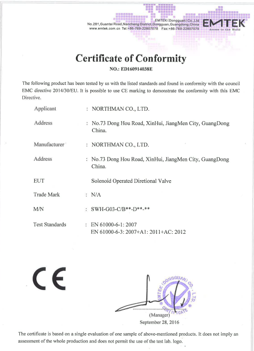 SWH-G03-DC电磁换向阀CE证书