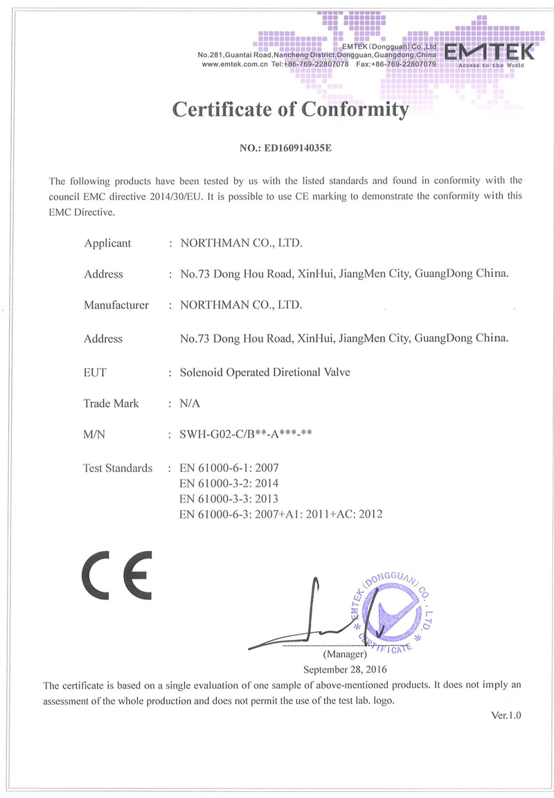 SWH-G02-AC电磁换向阀CE证书